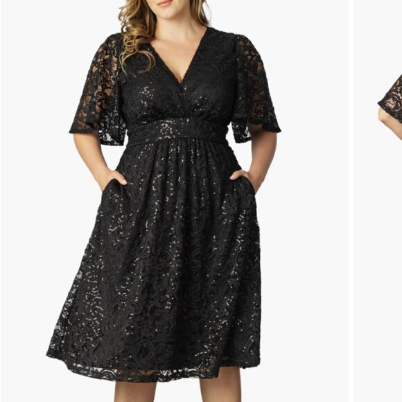 Kiyonna Dresses & Skirts - Starry Sequin Lace Fit & Flare Cocktail Dress (Onyx, 1X)